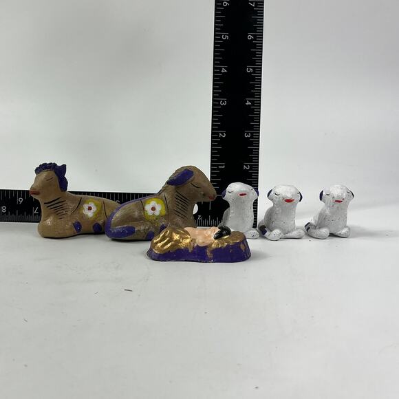 Mexican Large 13pc Handmade Clay Nativity Set Folk Art Purple Painted Peruvian - Picture 6 of 16